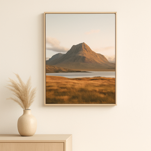 Nuotrauka ant drobės pakabinta virš komodos, minimalistinis interjeras