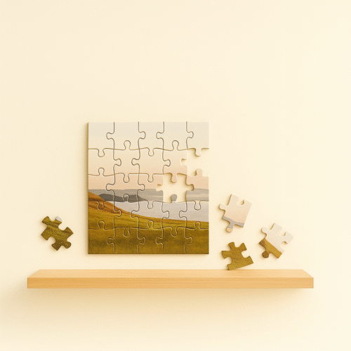 Puzlė su nuotrauka – personalizuota dėlionė Asmeninė puzlė su nuotrauka, ne iki galo sudėta ant šviesaus fono